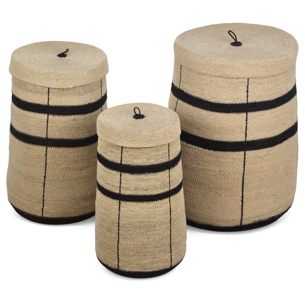 Panier à linge en jonc de mer naturel et noir - Tailles S, M ou L