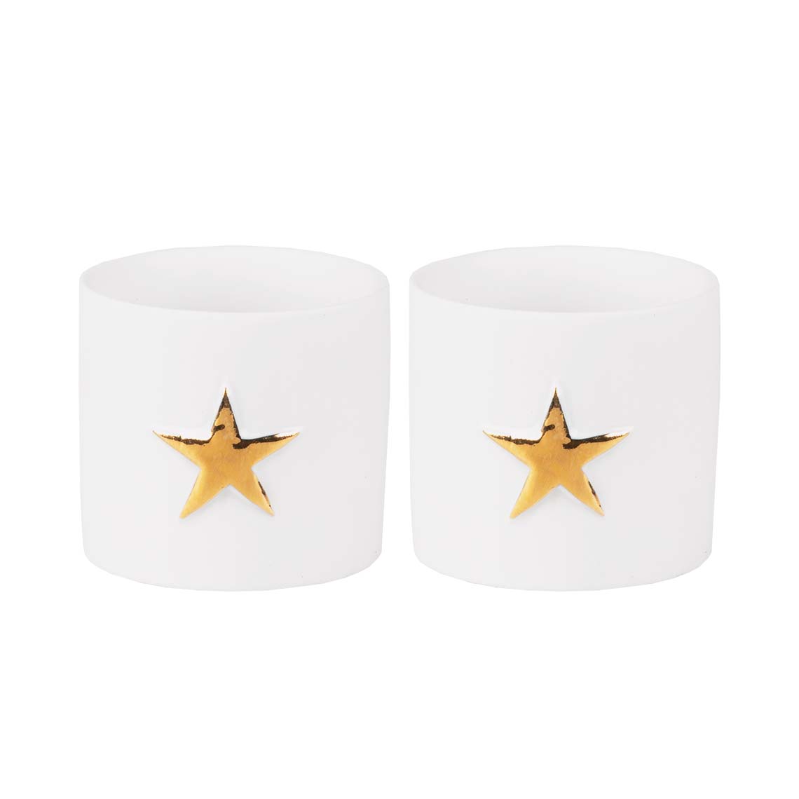 Set de 2 petits photophores ronds en porcelaine blanche avec une étoile doré sur fond blanc.