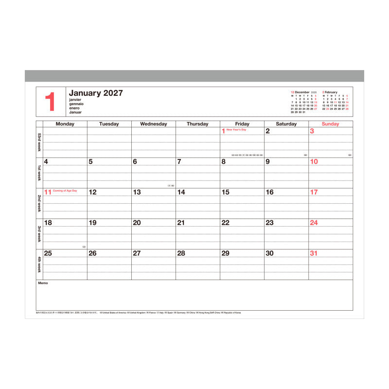 Exemple de page intérieure mensuelle du calendrier 2027