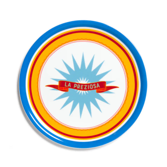 Assiette à pizza Bitossi, modèle La Preziosa, couleurs : bleu, rouge, jaune.