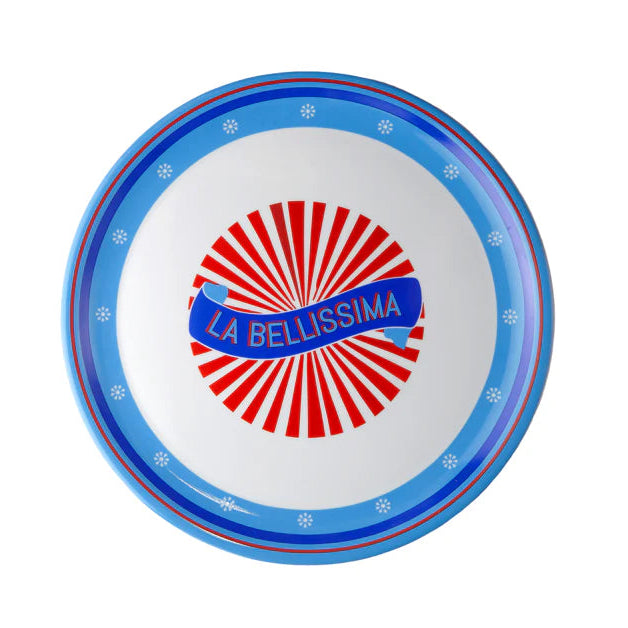 Assiette à pizza Bitossi, modèle La Bellissima, couleurs : bleu foncé, bleu clair, rouge.