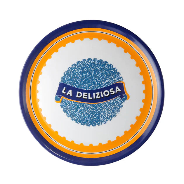 Assiette à pizza Bitossi, modèle LA Deliziosa, couleurs : bleu, orange.