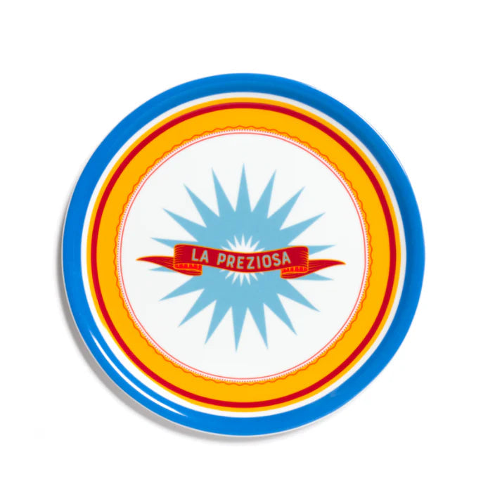 Assiette à pizza Bitossi, modèle La Preziosa, couleurs : bleu, rouge, jaune.
