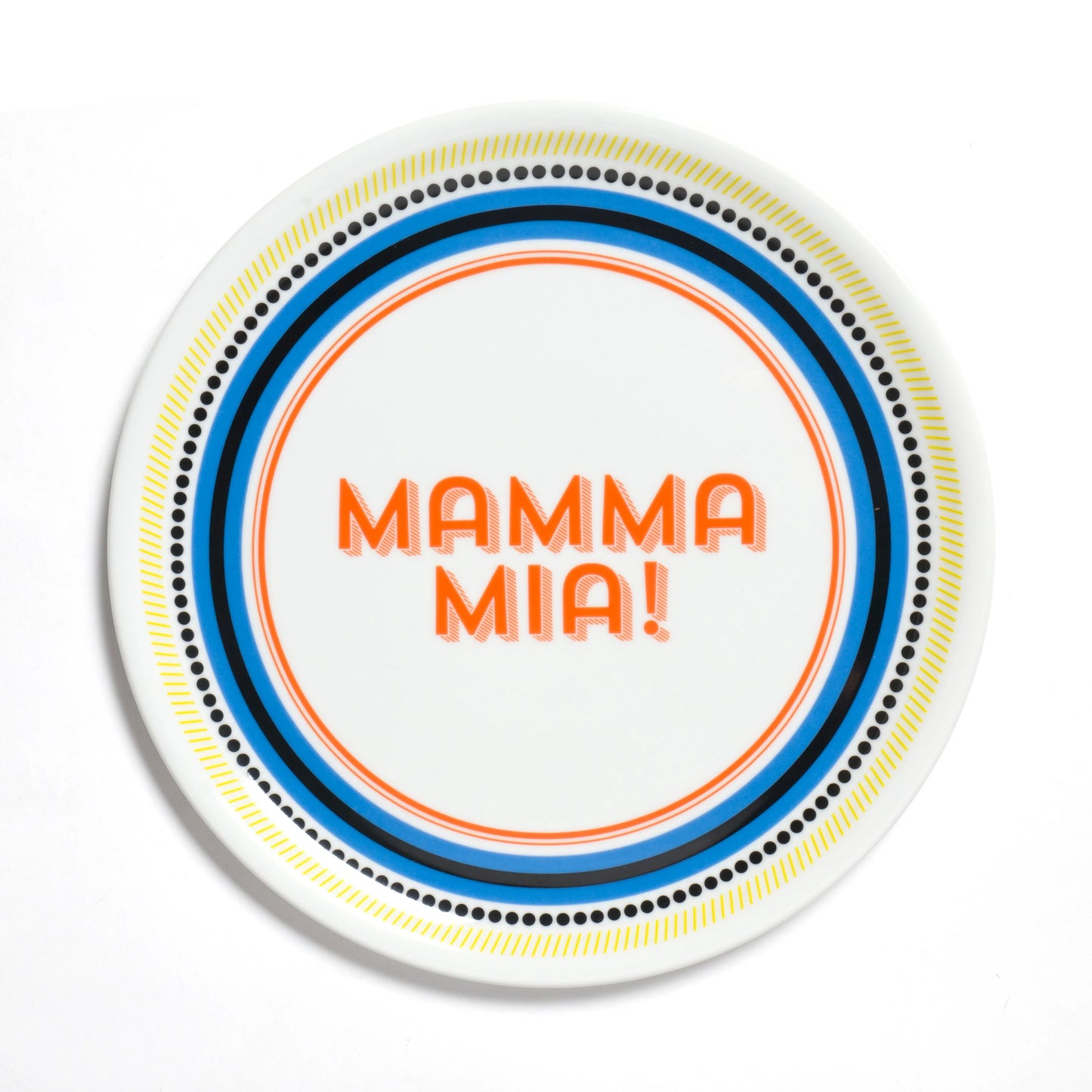 Assiette à pizza Bitossi, modèle Mamma Mia !, couleurs : bleu, noir, jaune, orange.