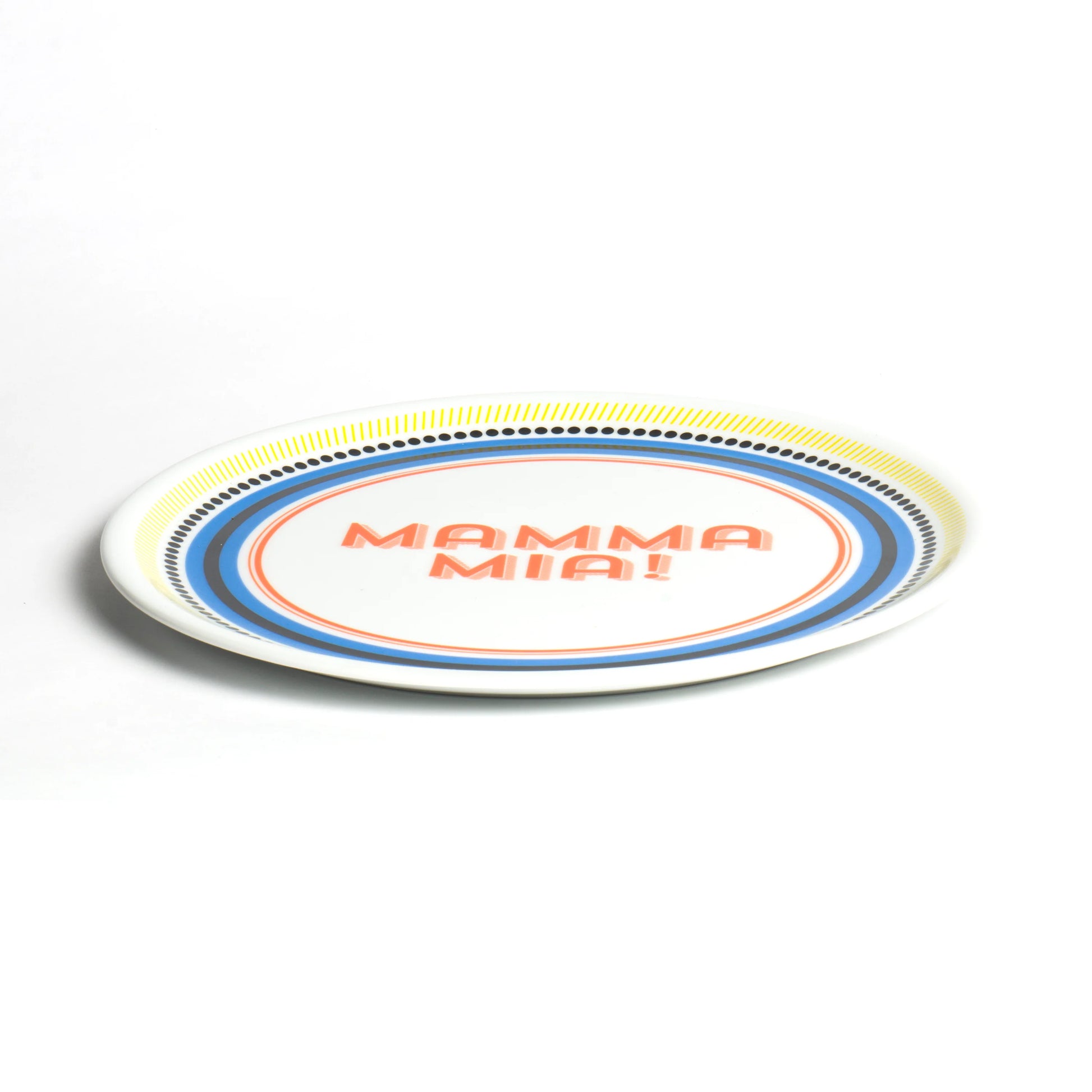 Assiette à pizza Bitossi, modèle Mamma Mia !, couleurs : bleu, noir, jaune, orange.