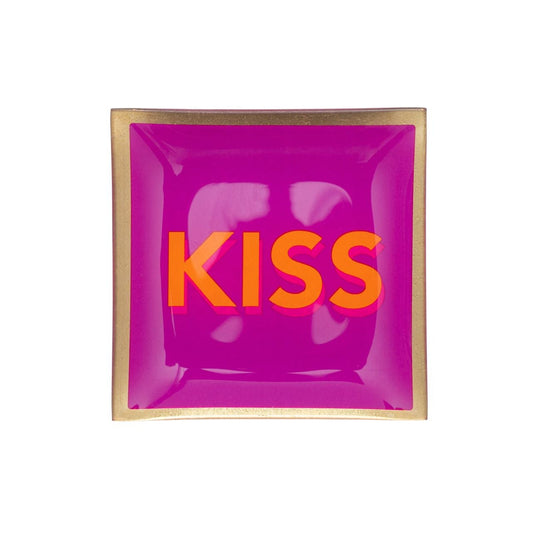 Vide-poche carré en verre avec message "Kiss" en orange sur fond violet et doré.