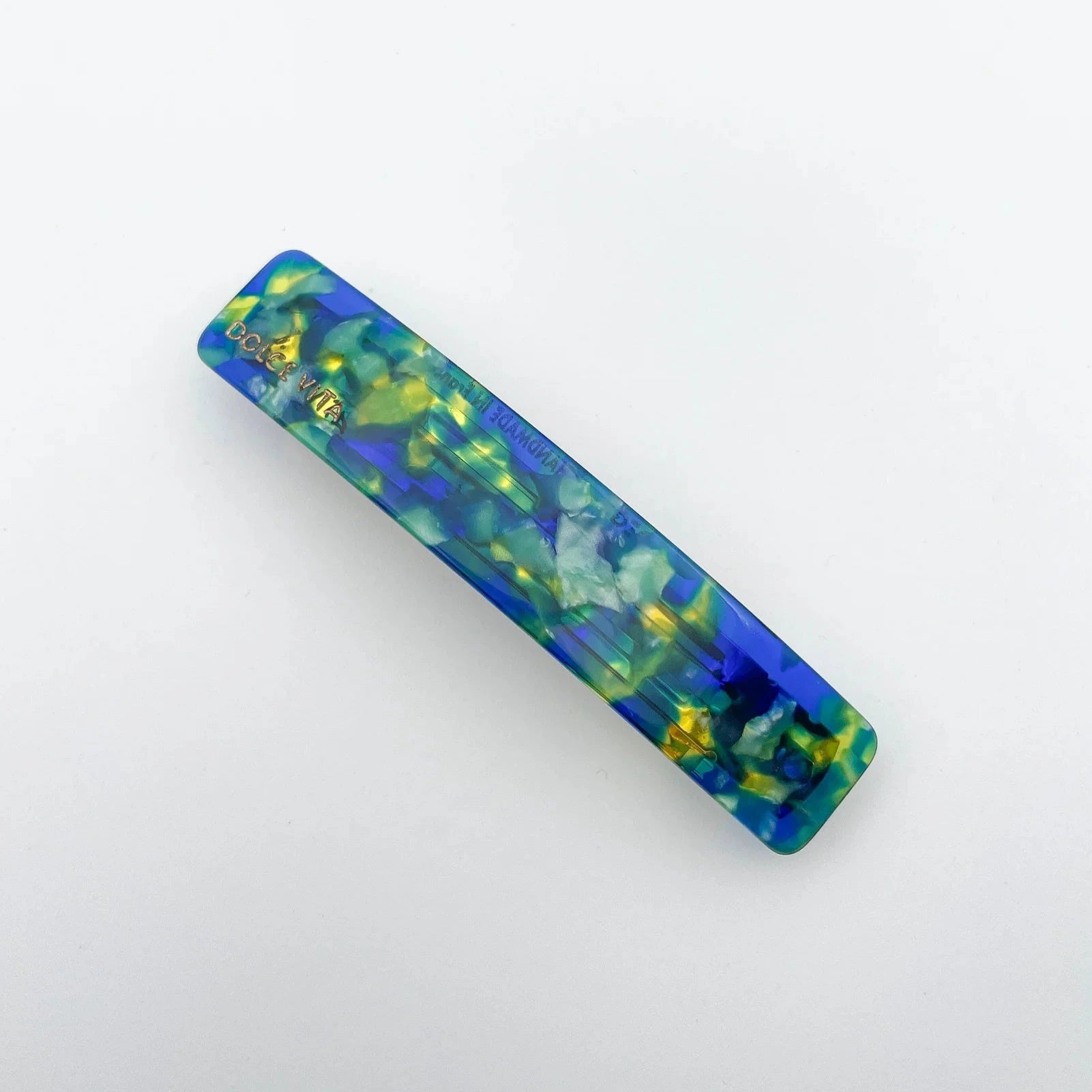 Barrette 9 cm de 23 degrés en acétate, coloris bleu et vert. 
