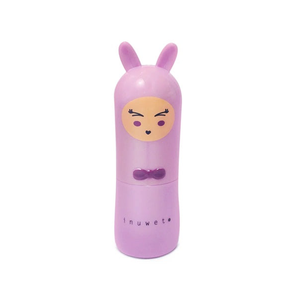 Baume à lèvres en forme de lapin mauve, parfum guimauve.