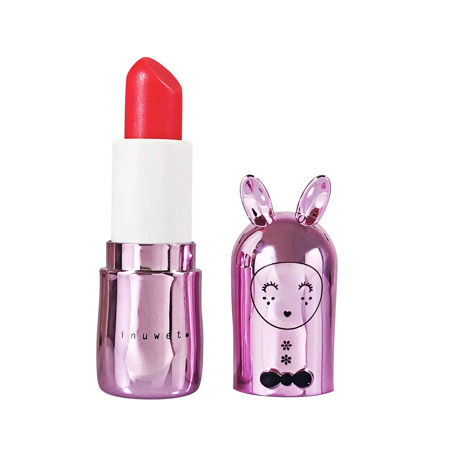 Baume à lèvres en forme de lapin rose métallisé, parfum sorbet framboise.