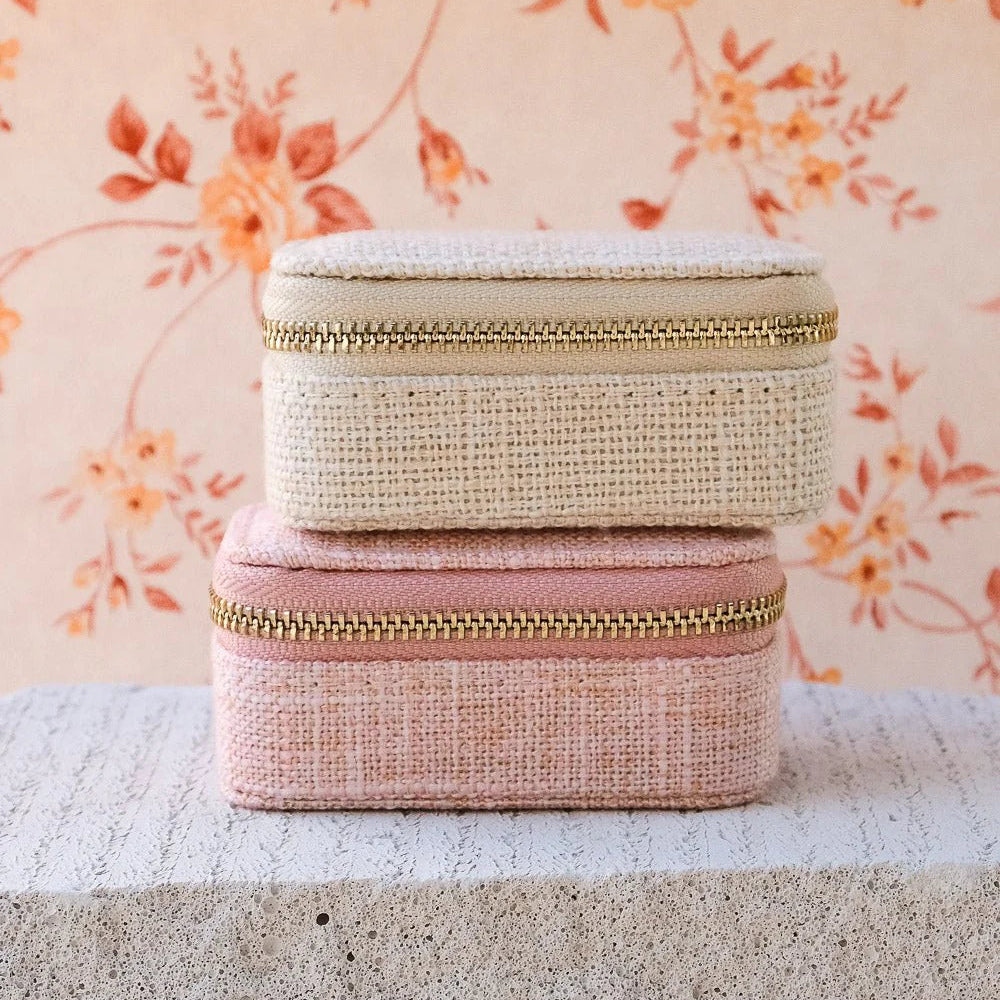 Grande boîte à bijoux avec tiroir, modèle Marie, coloris Lin beige et lin rose.  