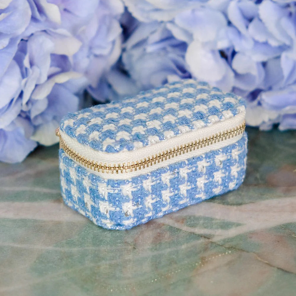 Grande boîte à bijoux avec tiroir, modèle Marie, coloris pied-de-poule bleu ciel.  