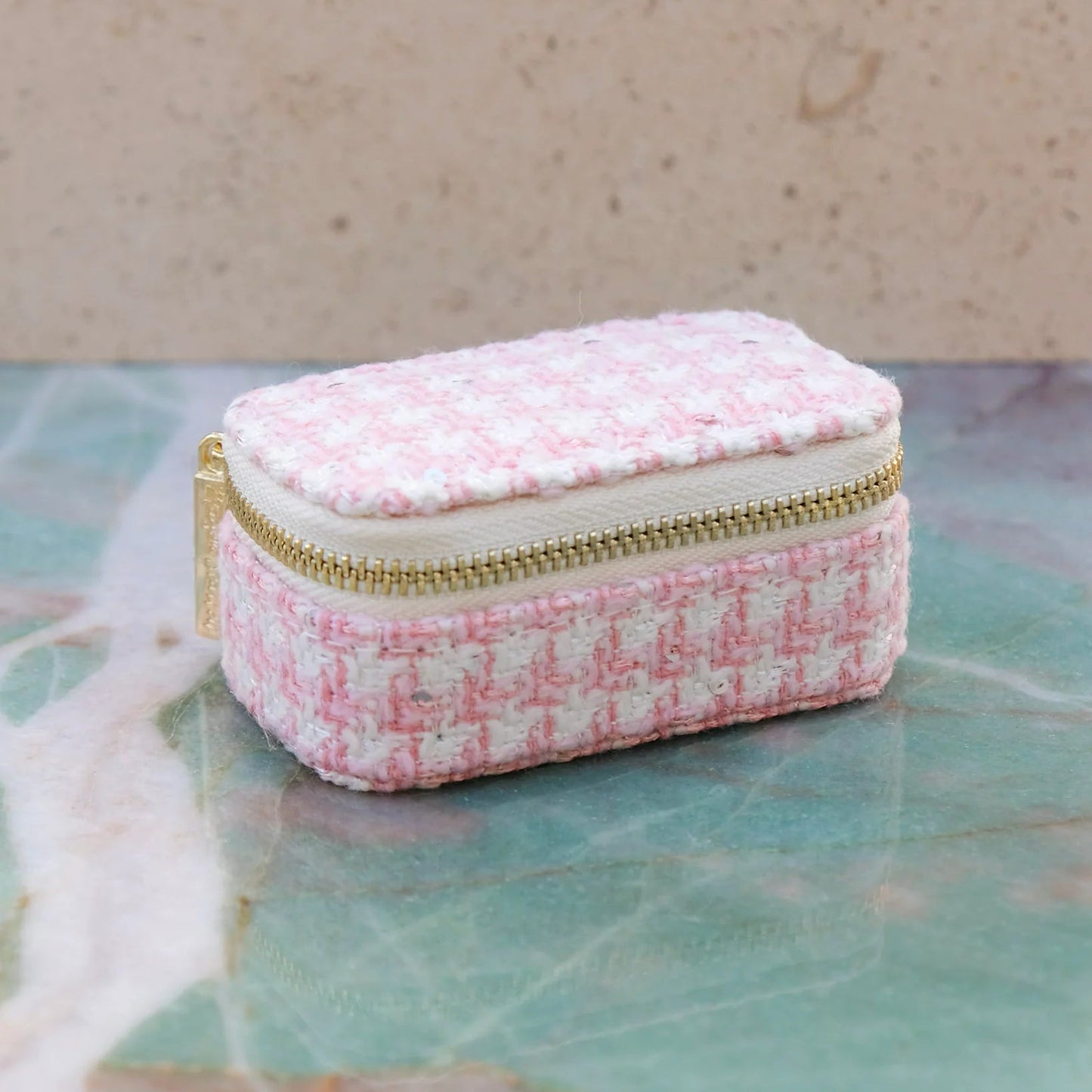 Grande boîte à bijoux avec tiroir, modèle Marie, coloris pied-de-poule rose.  