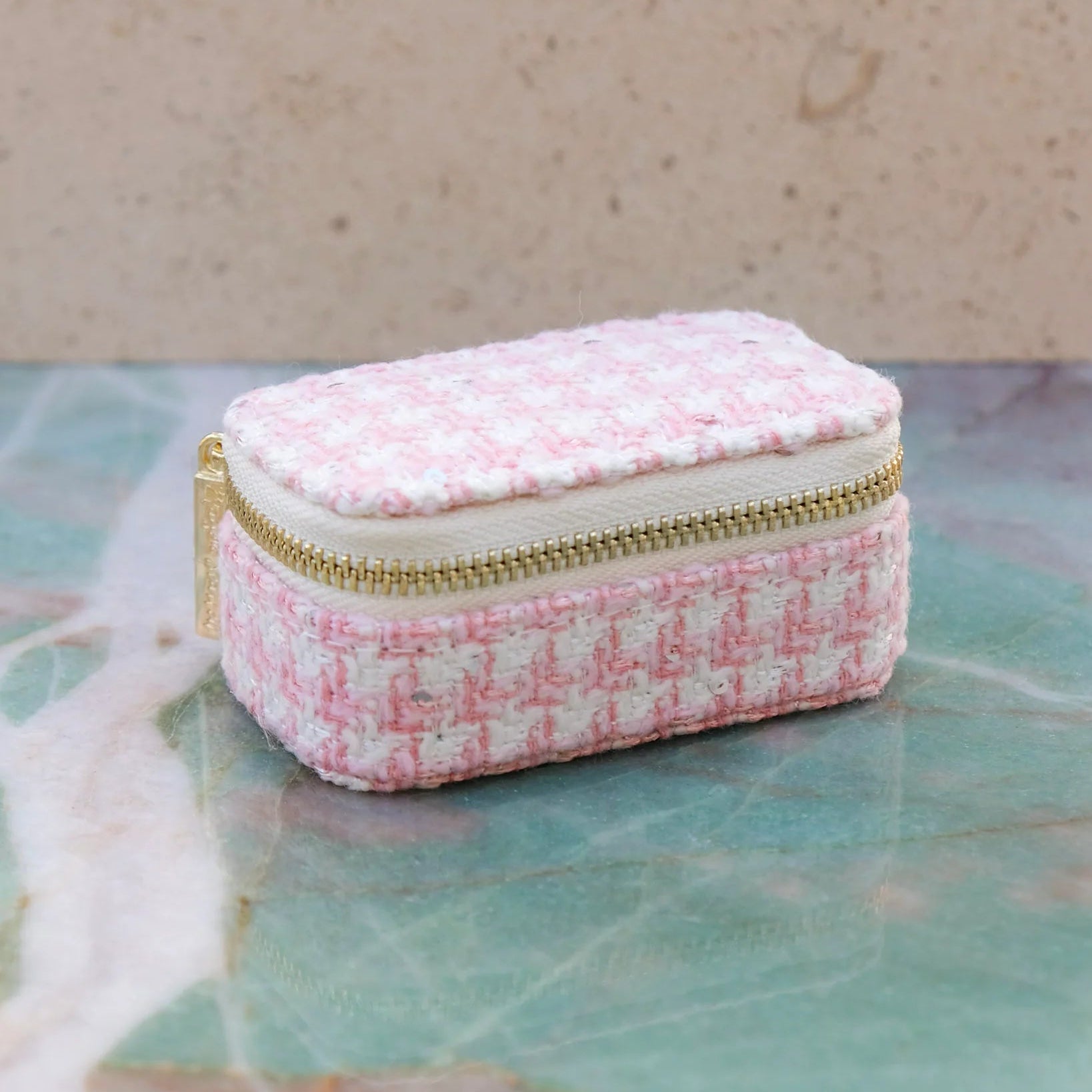 Grande boîte à bijoux avec tiroir, modèle Marie, coloris pied-de-poule rose.  