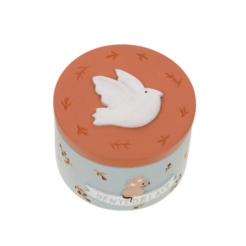 Boîte à dents bleu clair et couvercle terracotta avec une colombe en relief et une inscription "dents de lait".