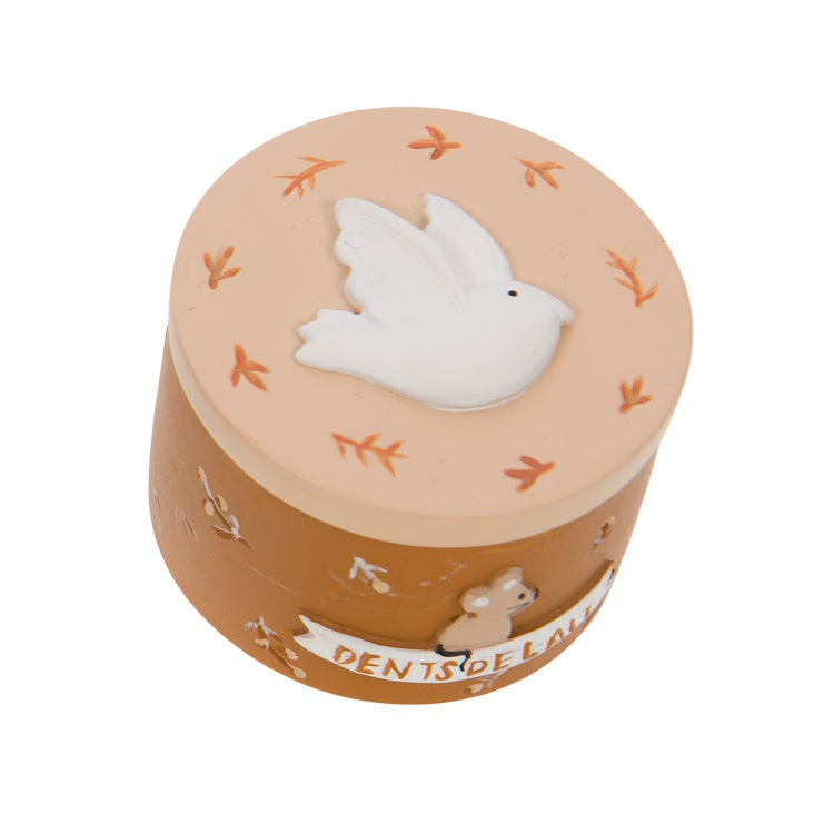 Boîte à dents moutarde  et couvercle avec une colombe en relief et une inscription "dents de lait".