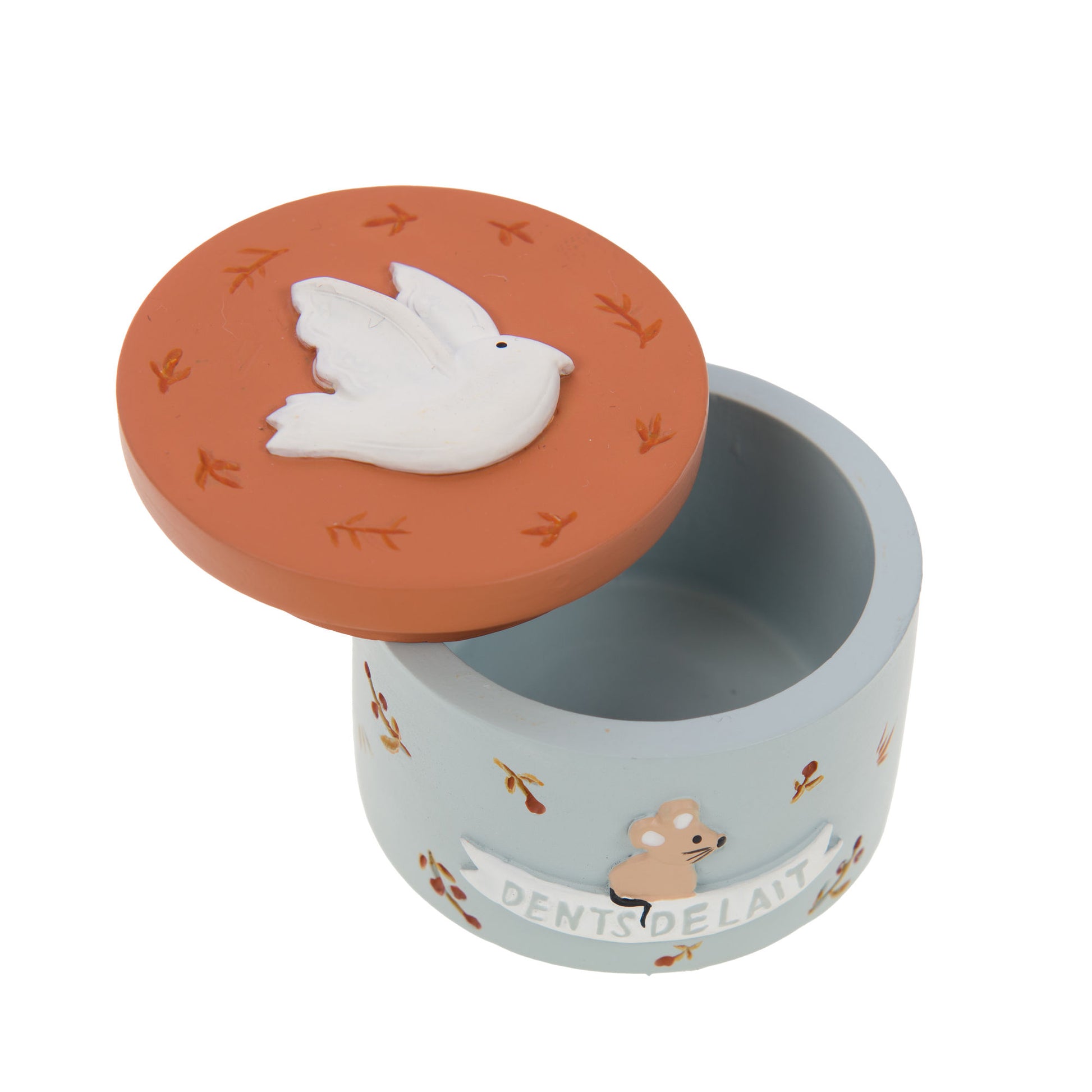Boîte à dents bleu clair et couvercle terracotta avec une colombe en relief et une inscription "dents de lait".