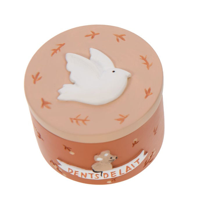 Boîte à dents terracotta et couvercle avec une colombe en relief et une inscription "dents de lait".