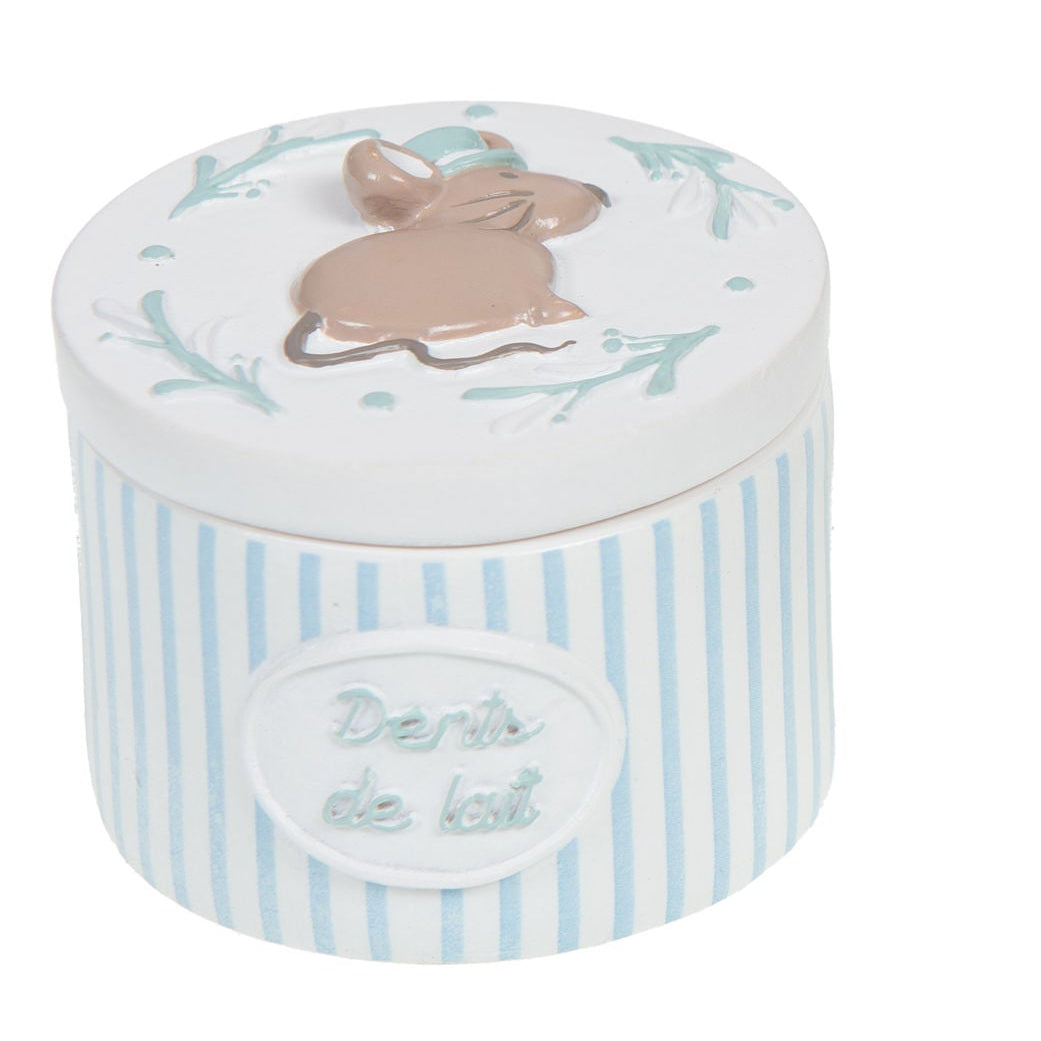 Boîte à dents avec rayures bleu pastel avec petite souris et inscription "dents de lait"