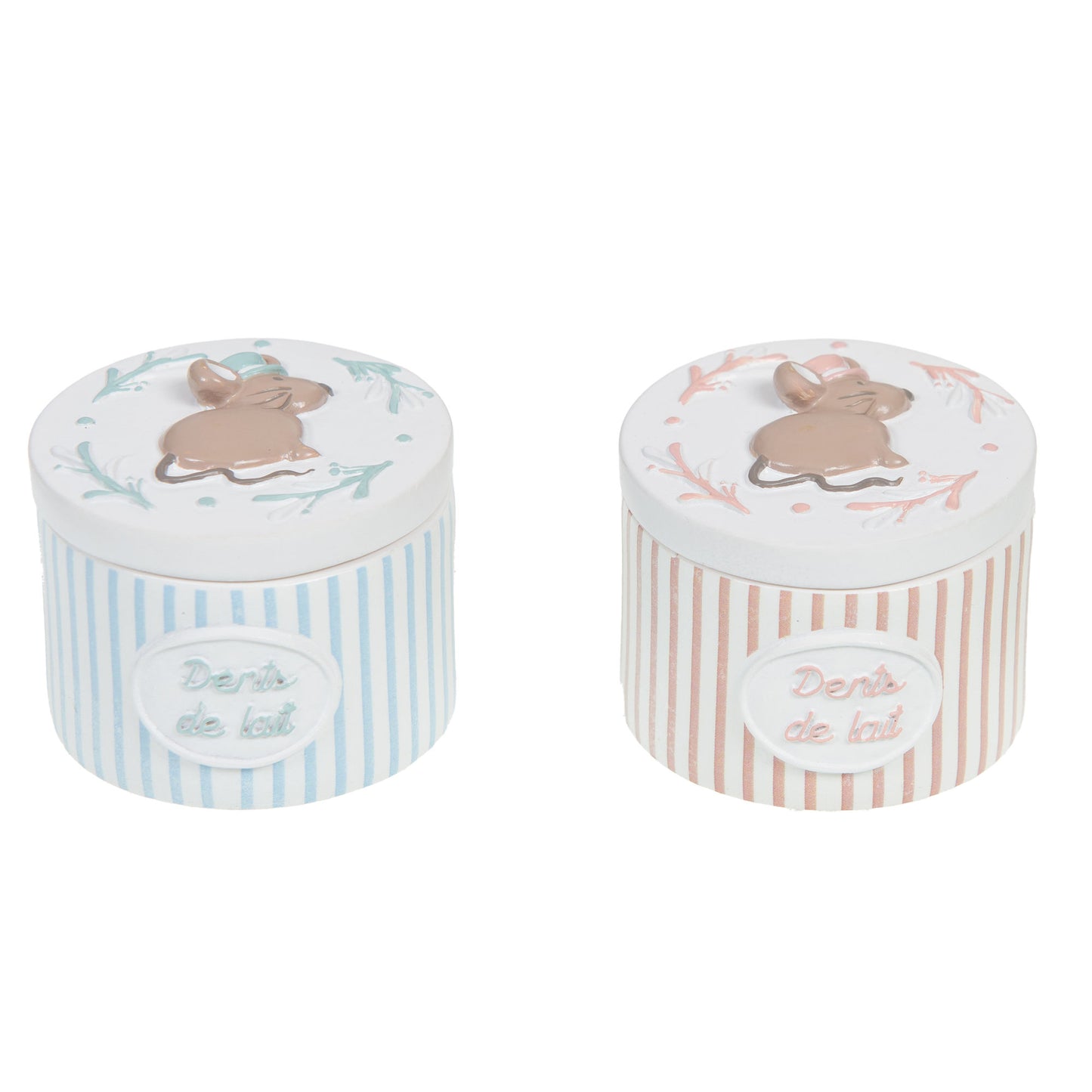 Duo de boîtes à dents rayées dans des couleurs pastels avec une souris en relief sur le couvercle. 