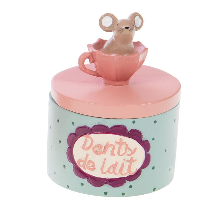 Boîtes à dents colorée avec une souris dans une tasse en relief sur le couvercle. 