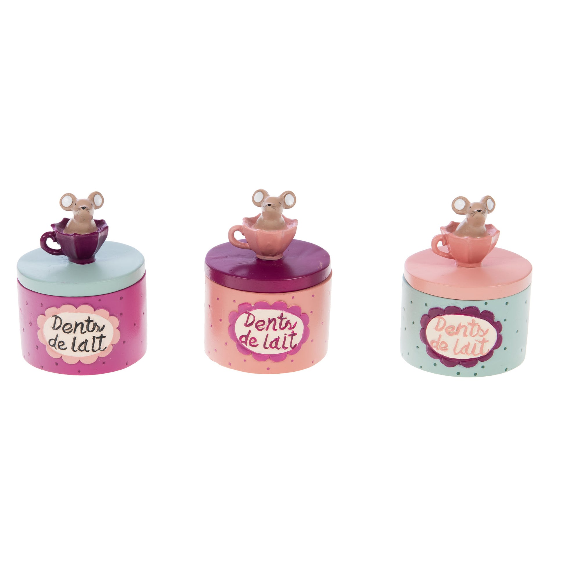 Trio de boîtes à dents colorées avec une souris dans une tasse en relief sur le couvercle. 