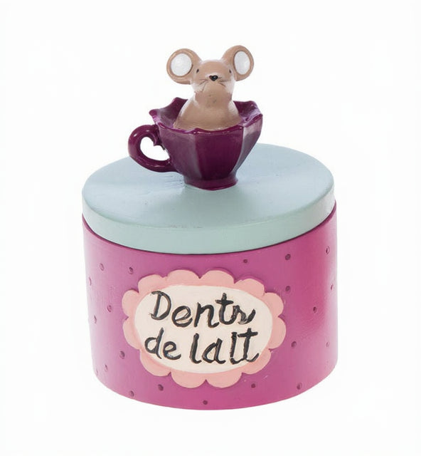 Boîtes à dents colorée avec une souris dans une tasse en relief sur le couvercle. 