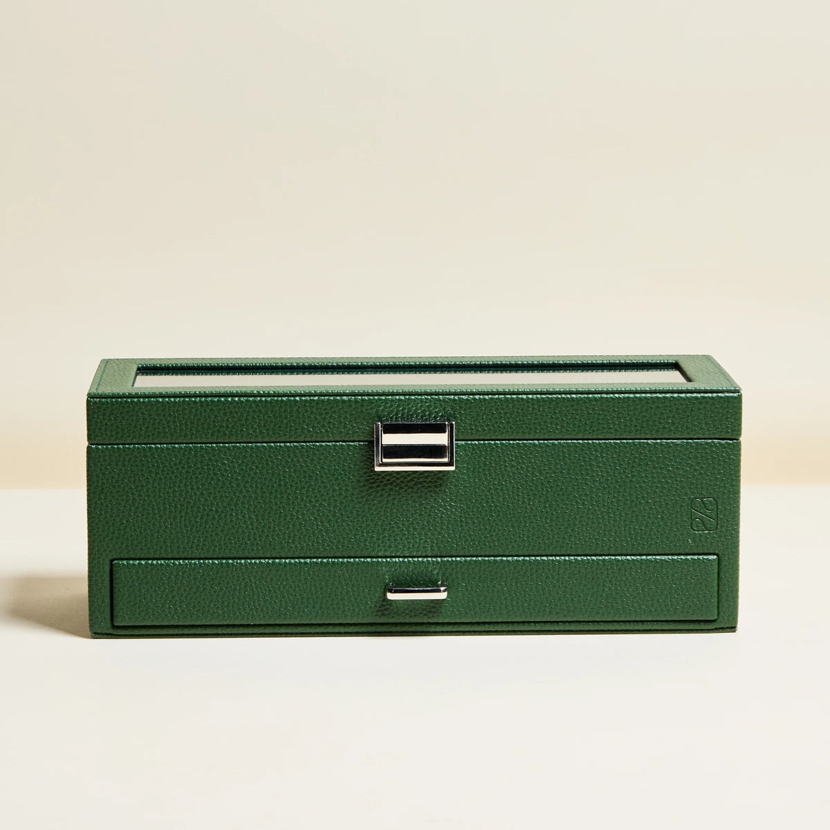 Boite à montres 5 places avec tiroir pour rangement des accessoires et couvercle vitré.