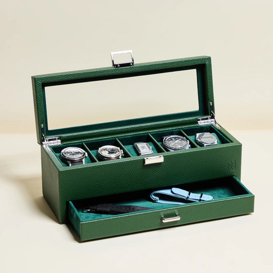Boite à montres 5 places avec tiroir pour rangement des accessoires et couvercle vitré. 