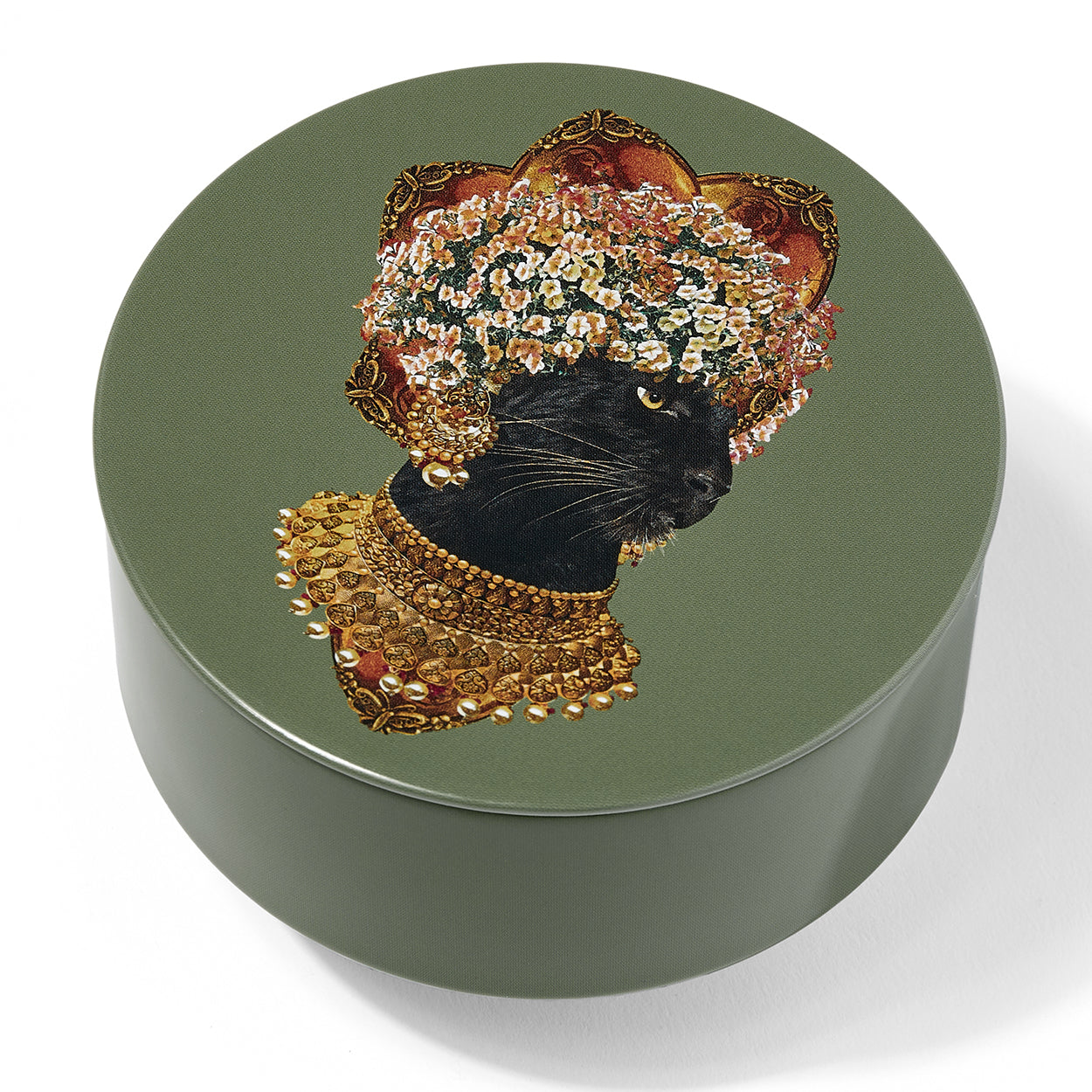 Boite ronde en métal, modèle Baghera, fond vert kaki.