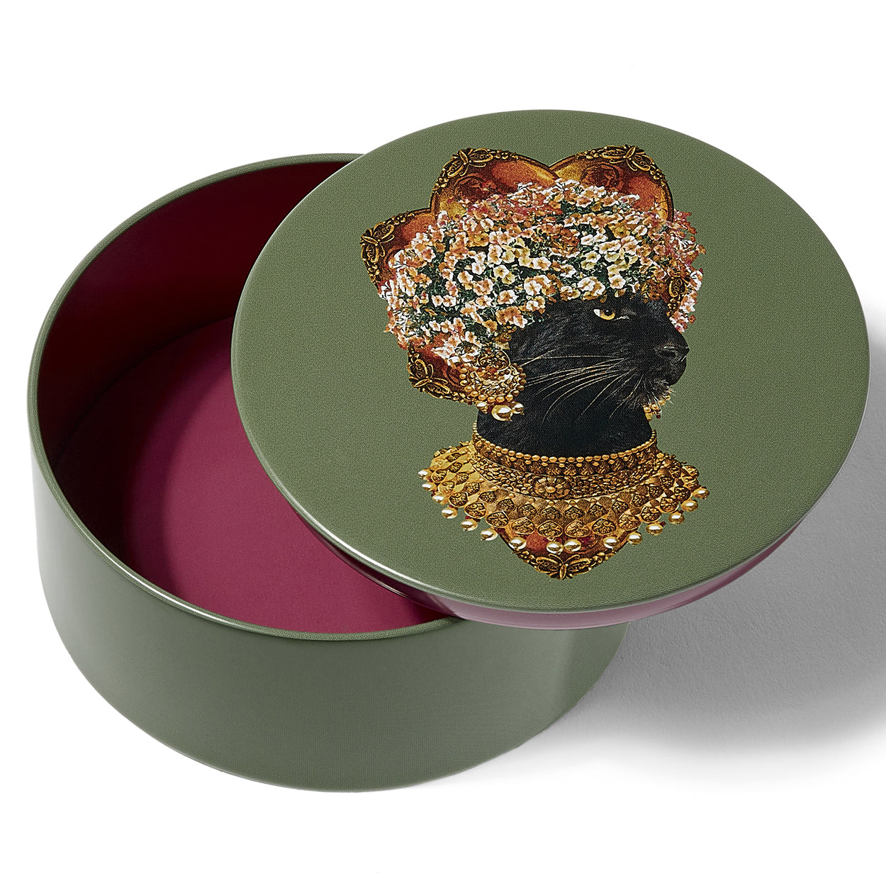 Boite ronde en métal, modèle Baghera, fond vert kaki.