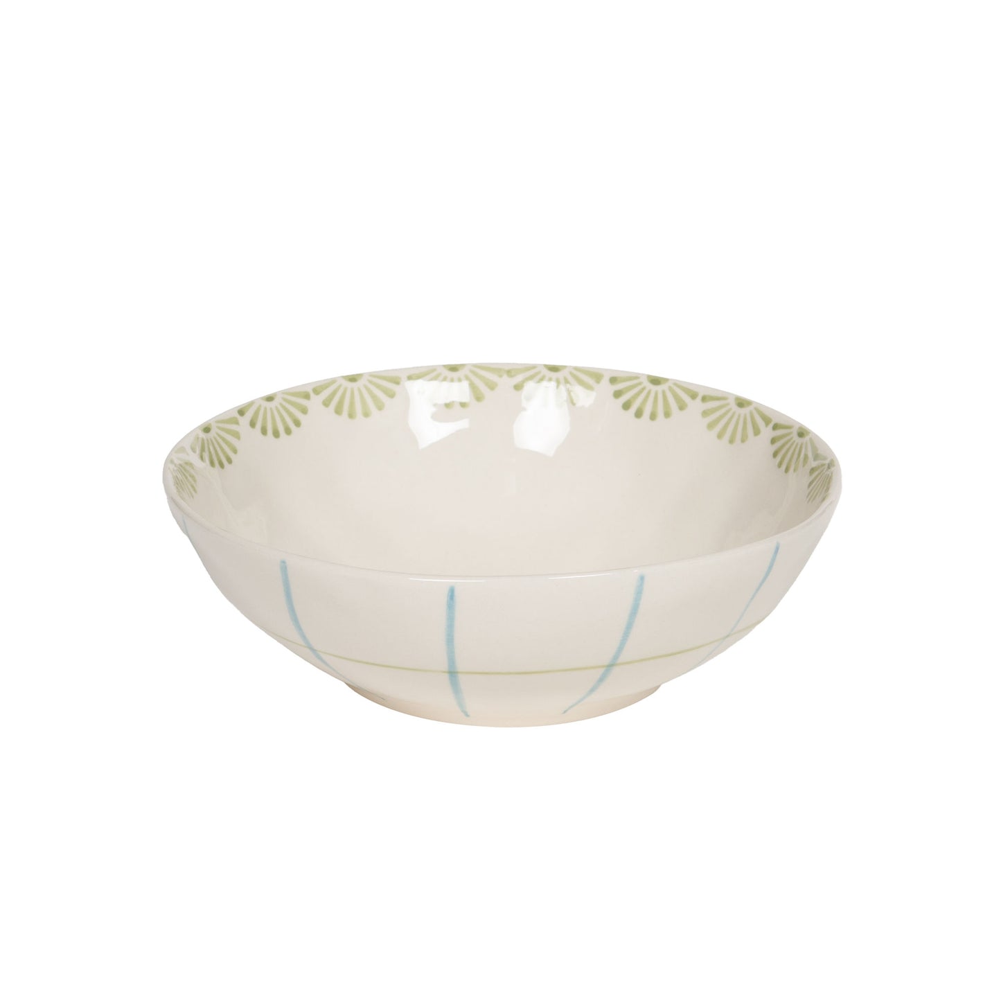 Bol avec décor floral et quadrillé dans les tons bleus et verts pastels. 