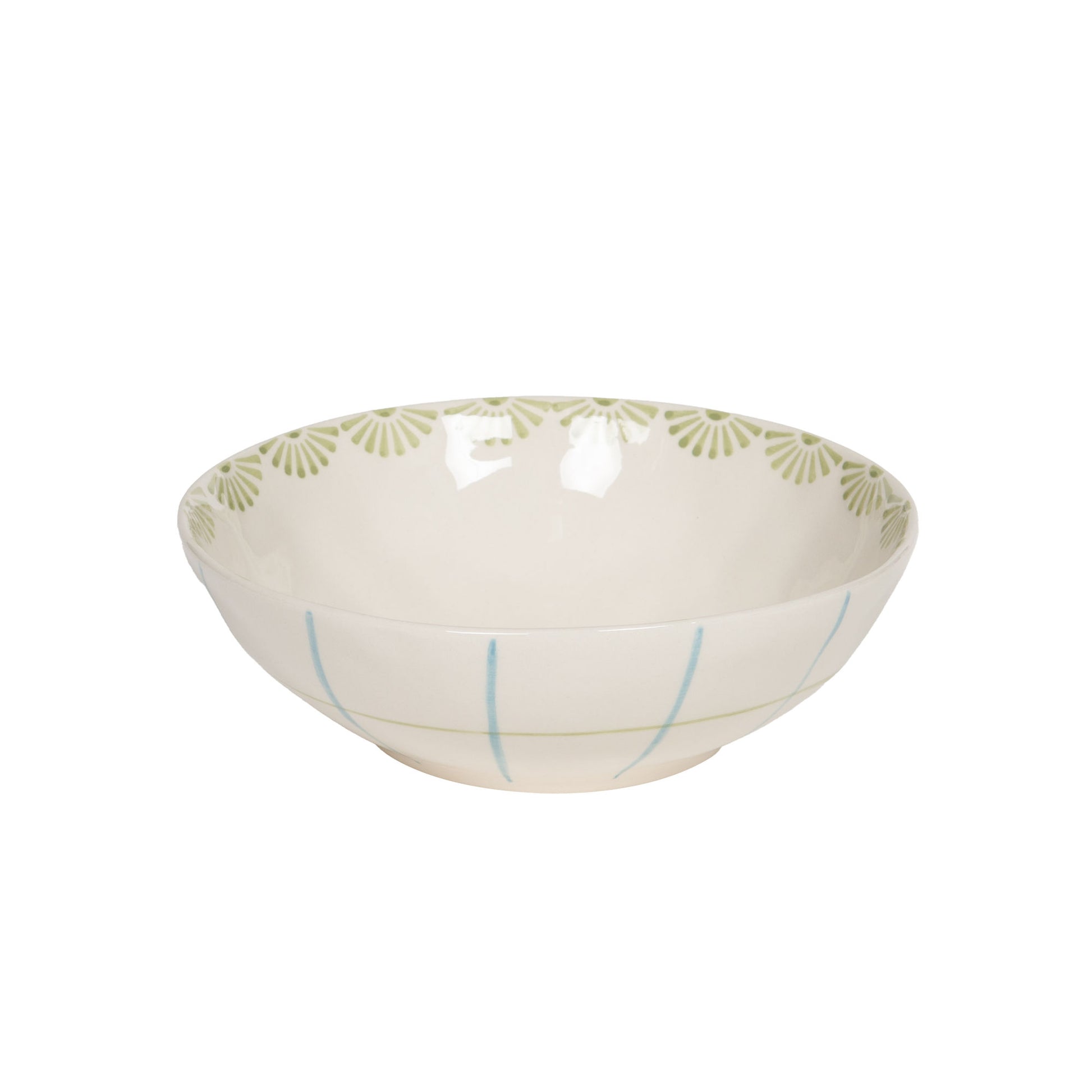 Bol avec décor floral et quadrillé dans les tons bleus et verts pastels. 