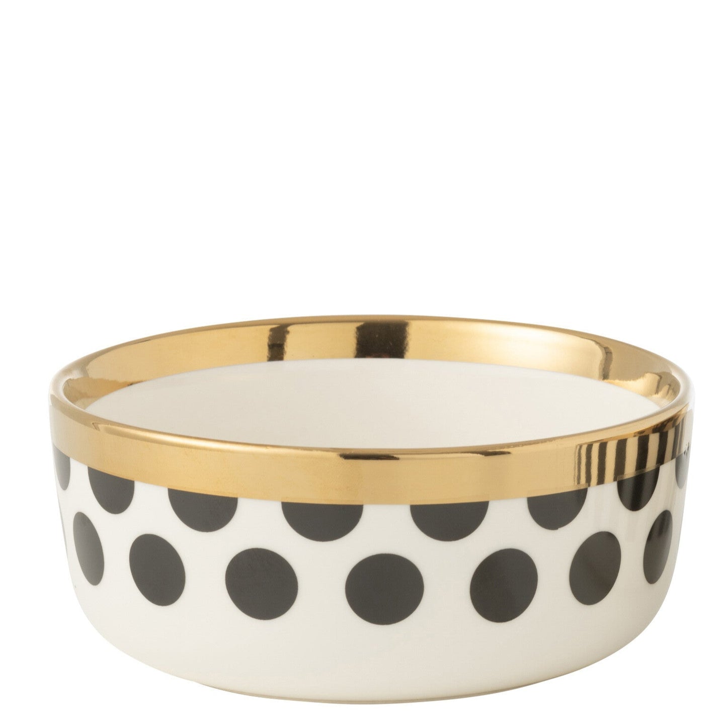 Bol en céramique à pois noirs sur fond blanc avec un liseré doré. 