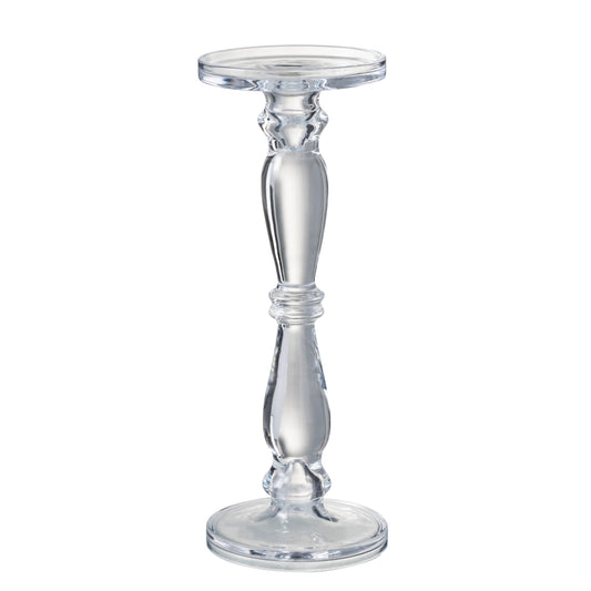 Bougeoir en verre transparent reprenant les formes traditionnelles d'un chandelier. 