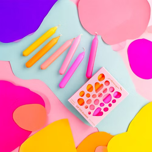 Lot de 6 bougies fines, dégradé du rose au jaune.