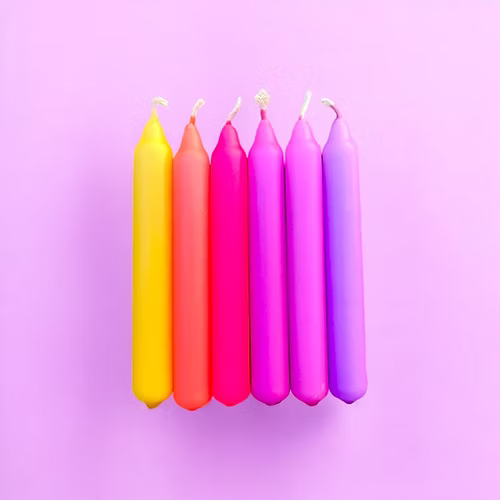Lot de 6 bougies fines, dégradé du violet au jaune.