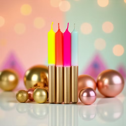 Set de 4 bougies flashy et dorées, multicolores.