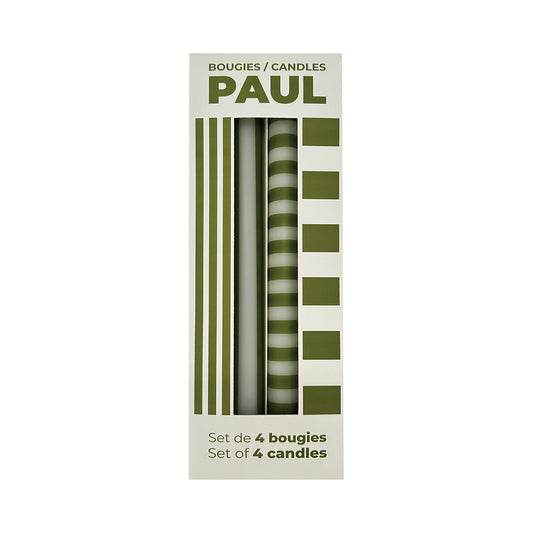 Bougies à rayures en set de 4, avec rayures différentes sur chaque bougie, coloris vert. 