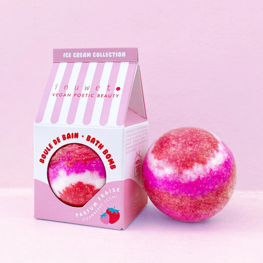 Boule bain effervescente rose, parfumée à la fraise.