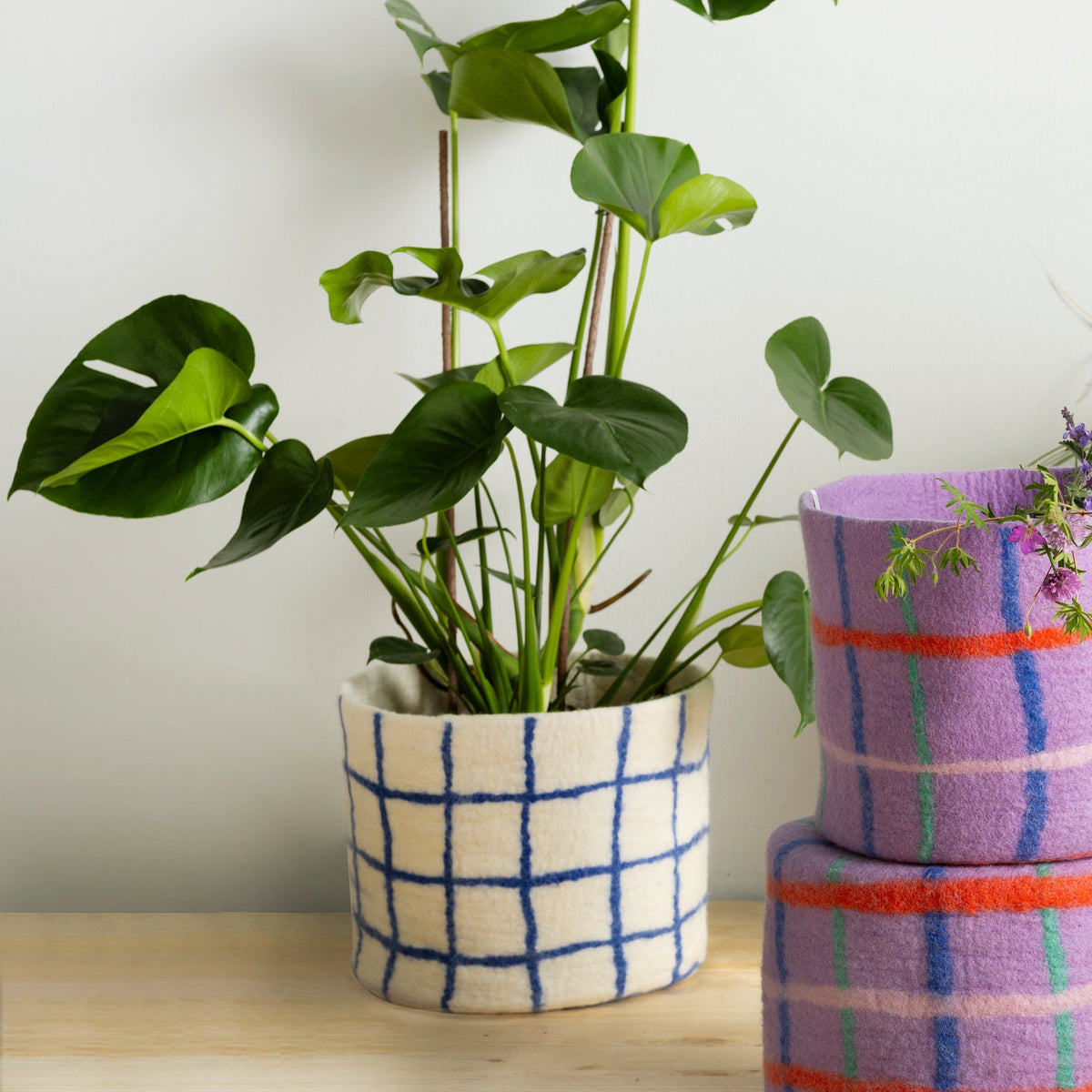 Grand cache-pot XL en laine feutrée pour grandes plantes, modèle blanc à carreaux bleus