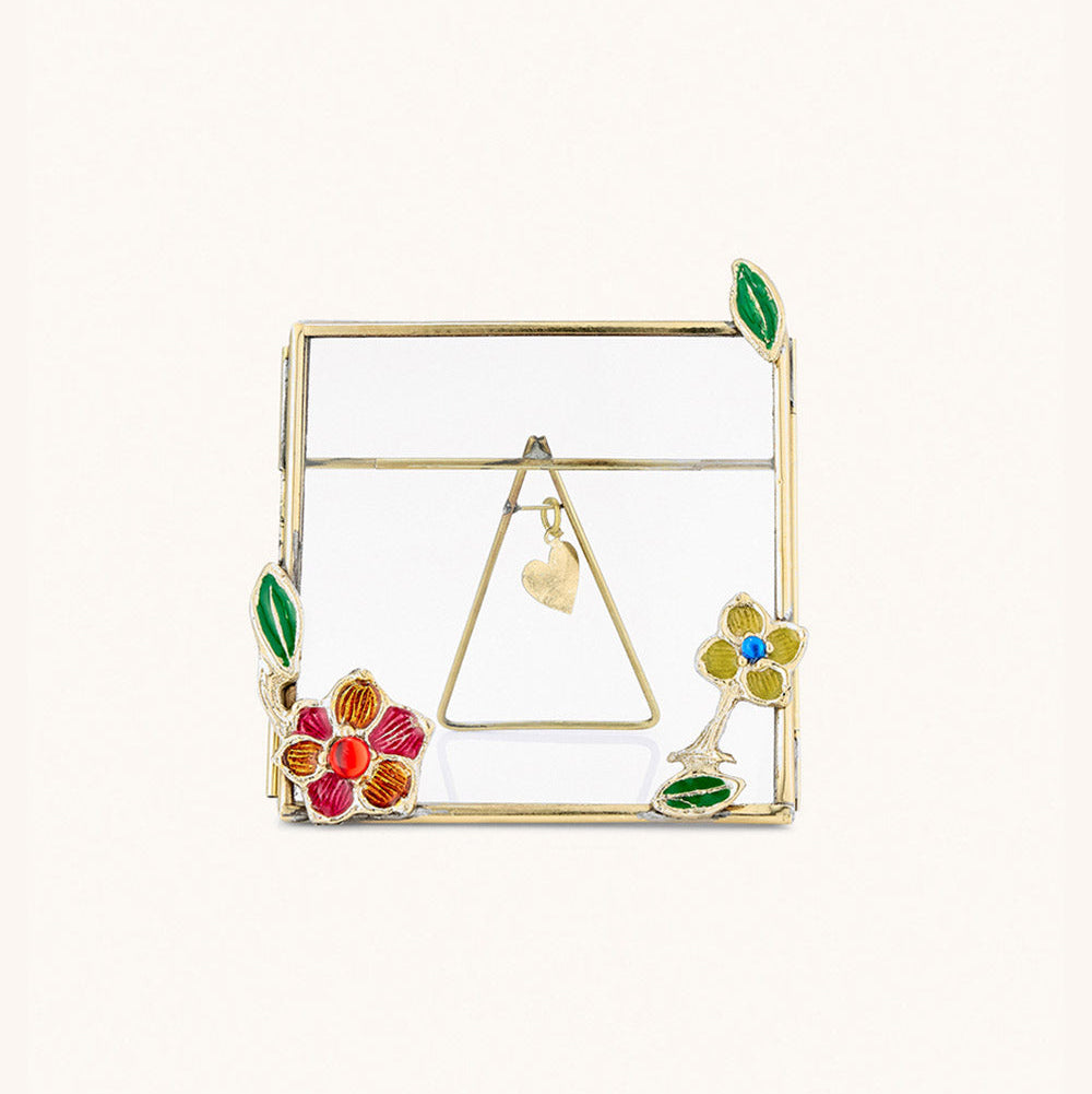 Cadre photo carré en laiton doré à poser, avec fleur rouge et feuilles