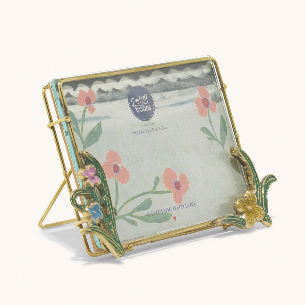 Cadre photo en laiton doré, avec fleurs colorées