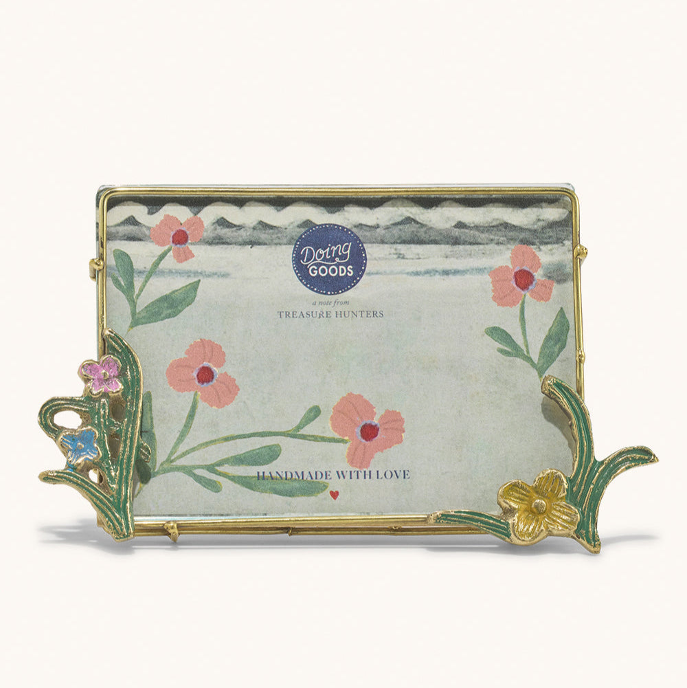 Cadre photo en laiton doré, avec fleurs colorées