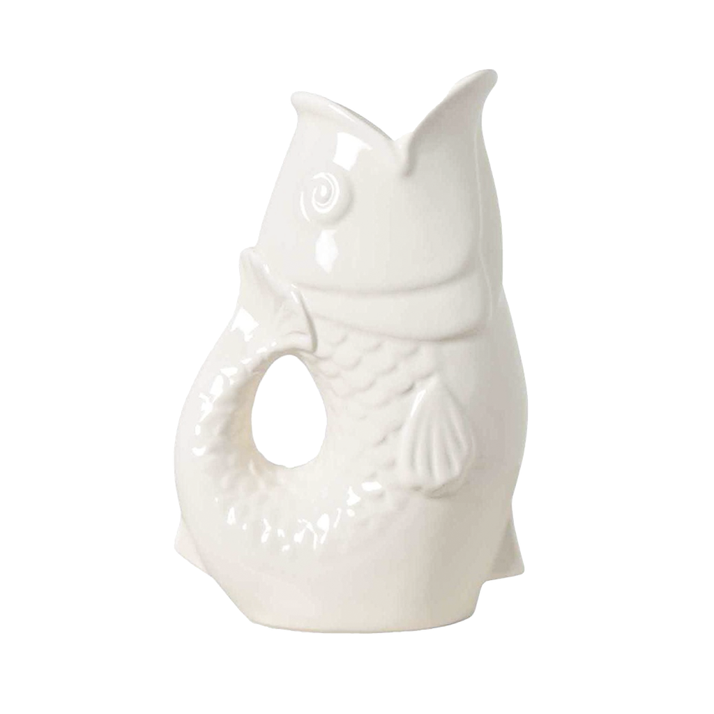 Carafe, vase ou pichet en forme de poisson en céramique blanc.