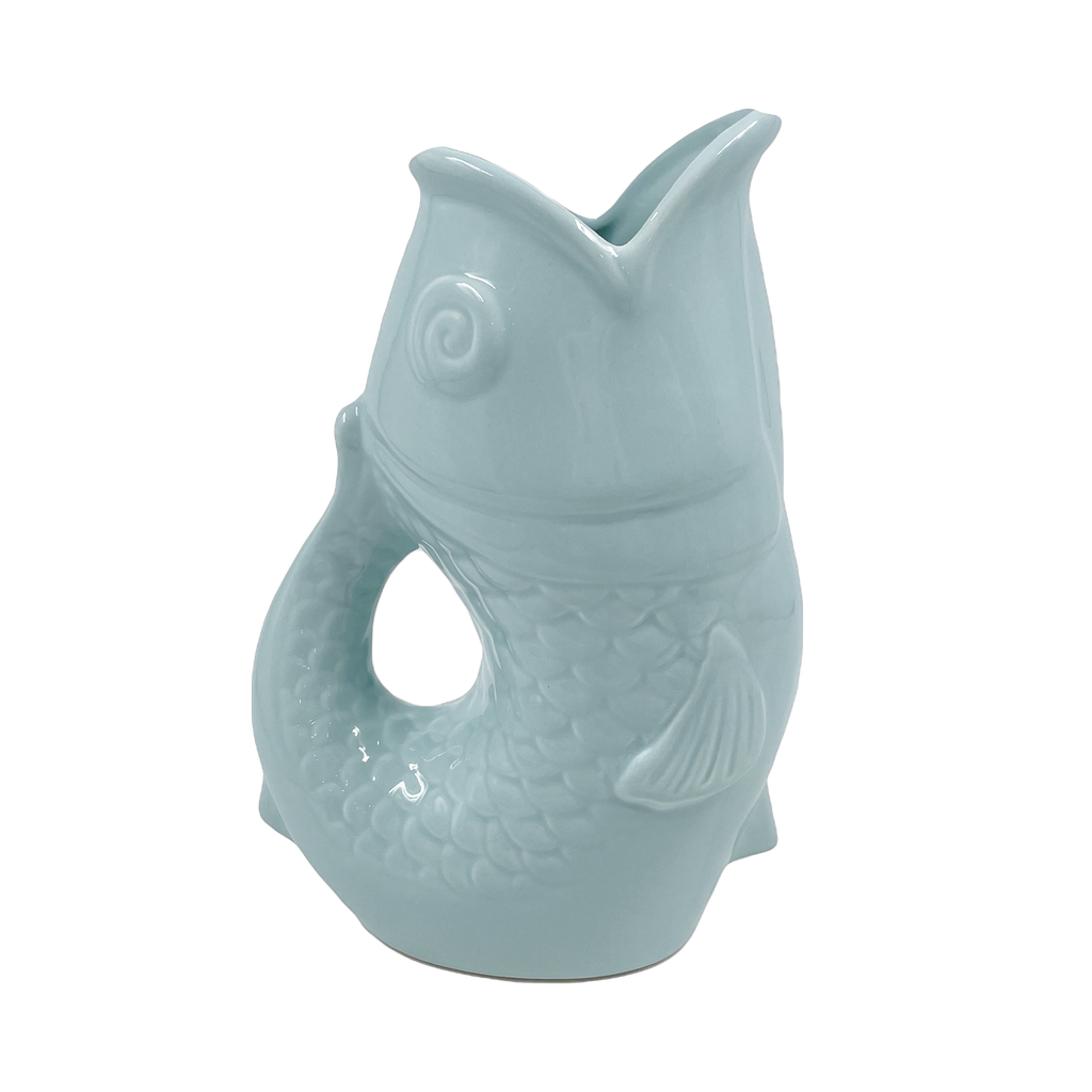 Carafe, vase ou pichet en forme de poisson en céramique bleu clair.
