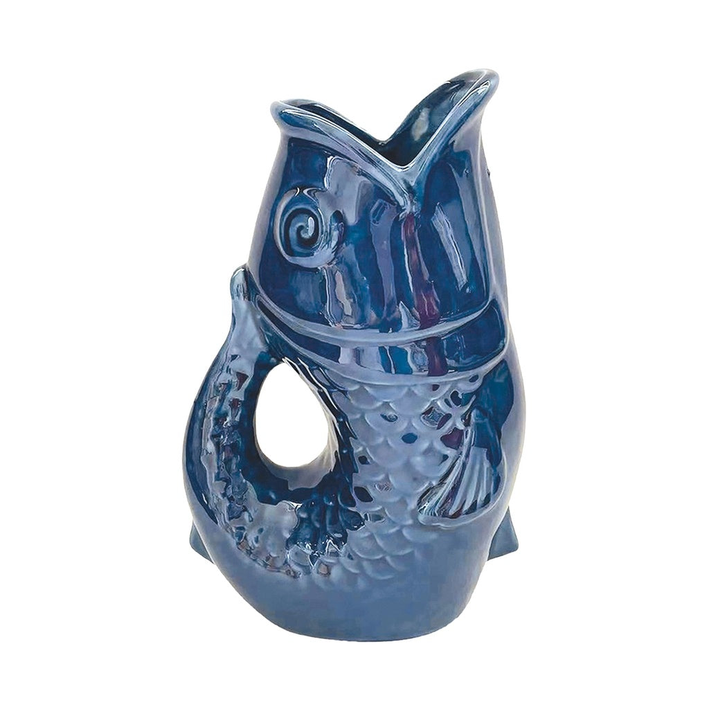 Carafe, vase ou pichet en forme de poisson en céramique bleu foncé.