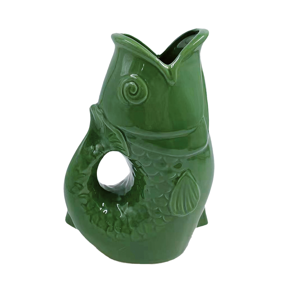 Carafe, vase ou pichet en forme de poisson en céramique vert.