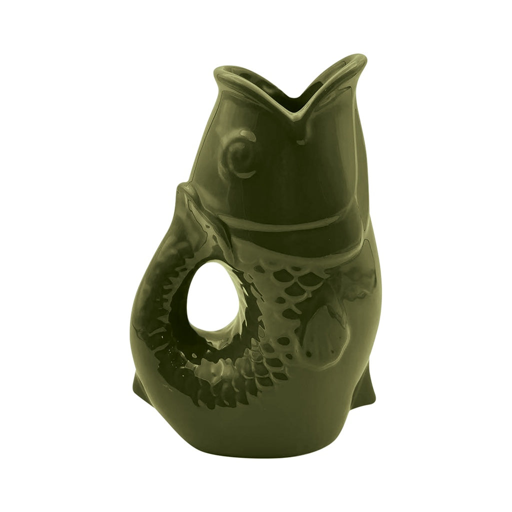 Carafe, vase ou pichet en forme de poisson en céramique vert kaki.