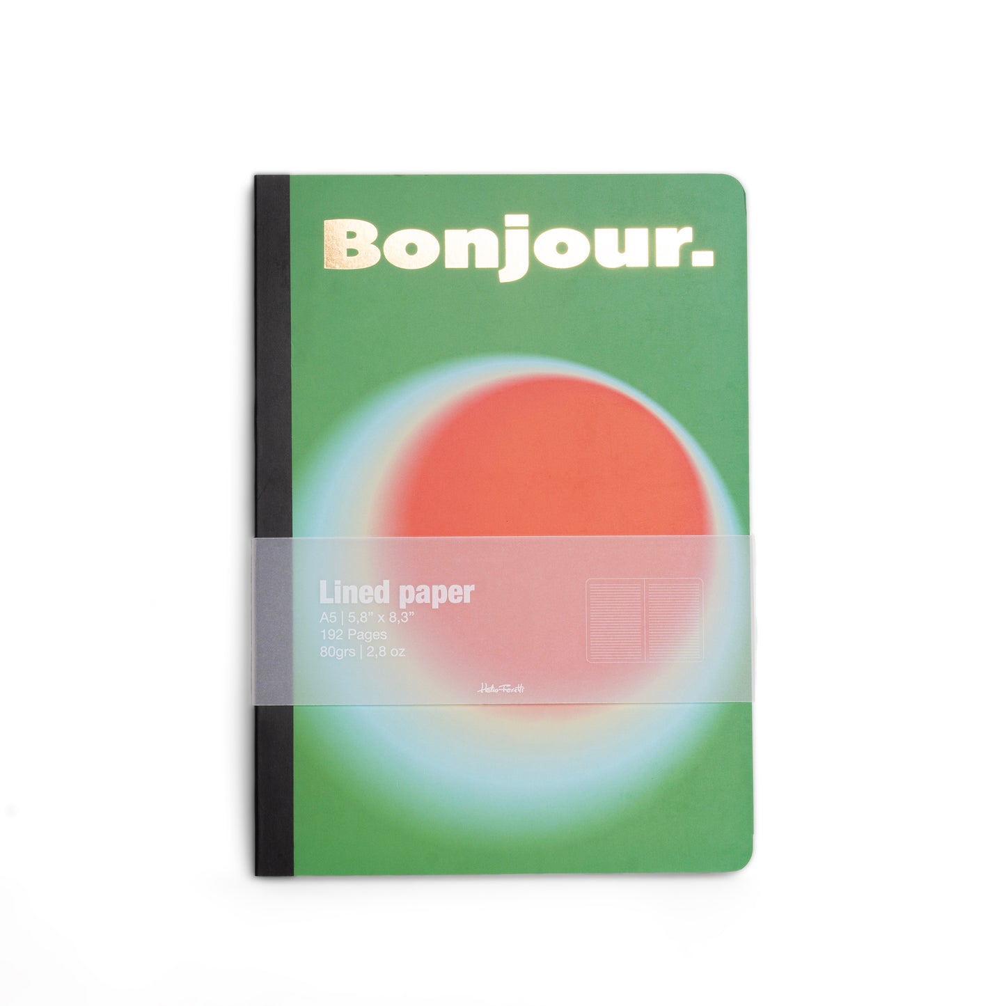 Carnet A5 souple avec couverture verte et écriture "bonjour".