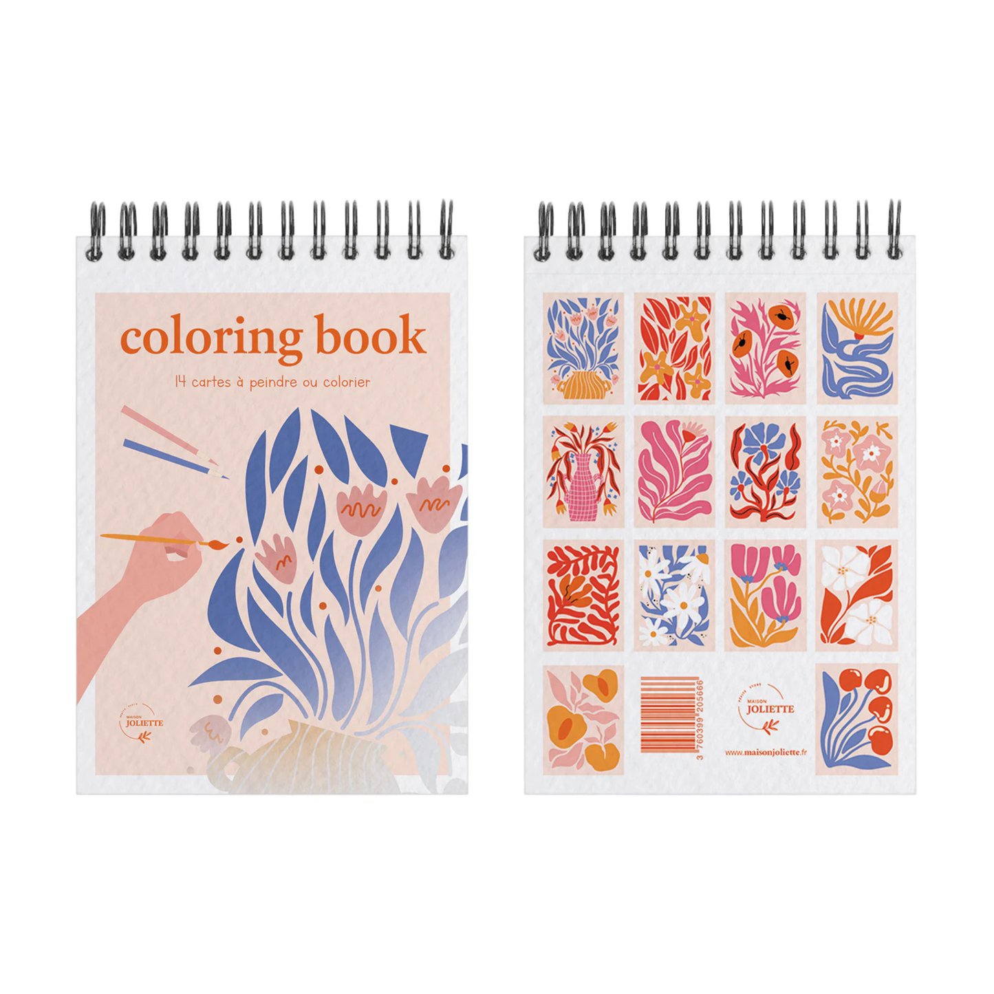 Carnet de coloriage à spiral, 14 pages épaisses détachables, modèle FLORAL.